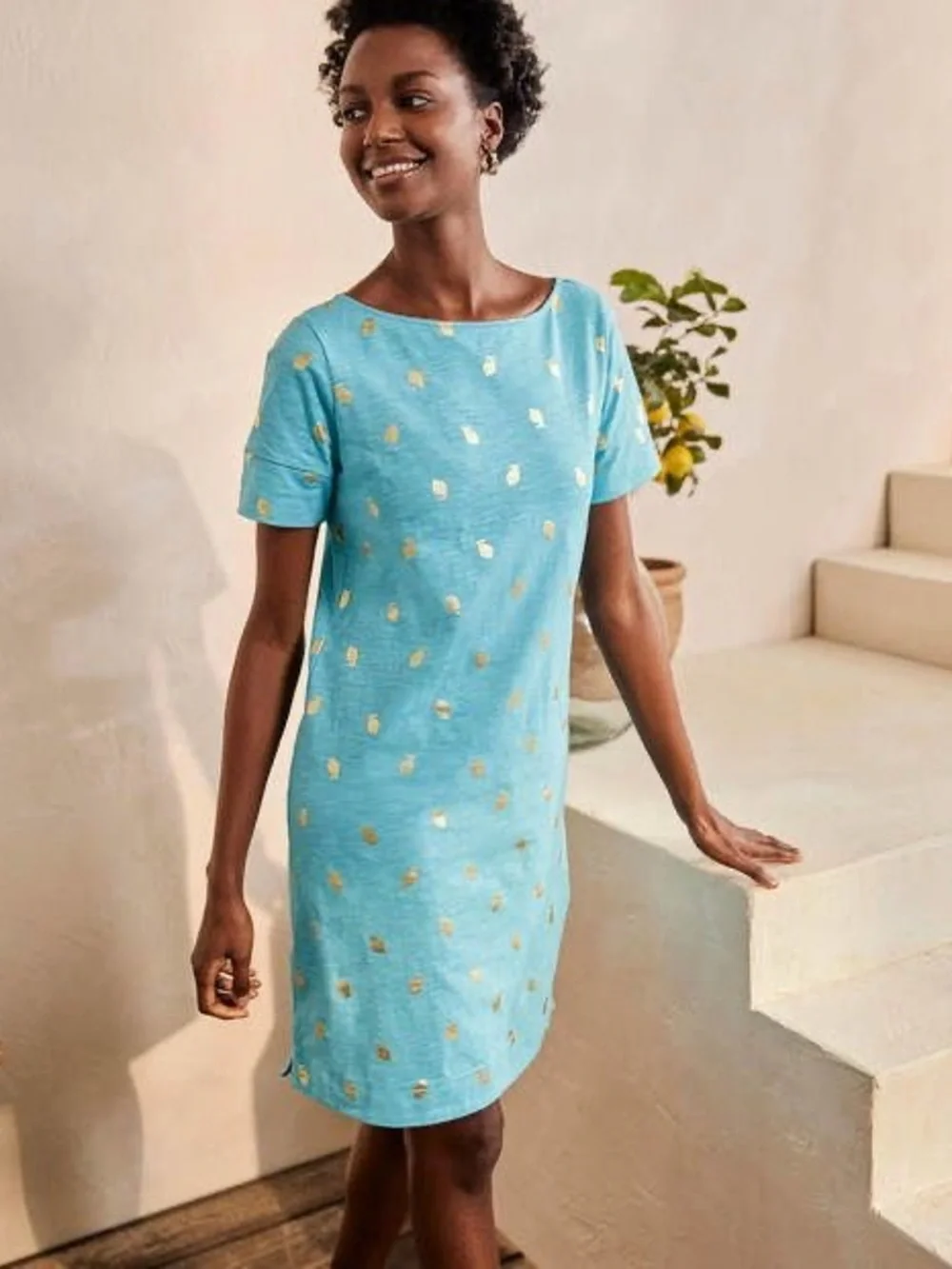 Boden NWT Darcy Aqua Blue Lemon Print Jersey Tee Shirt Dress Size 8 - Picture 3 of 8